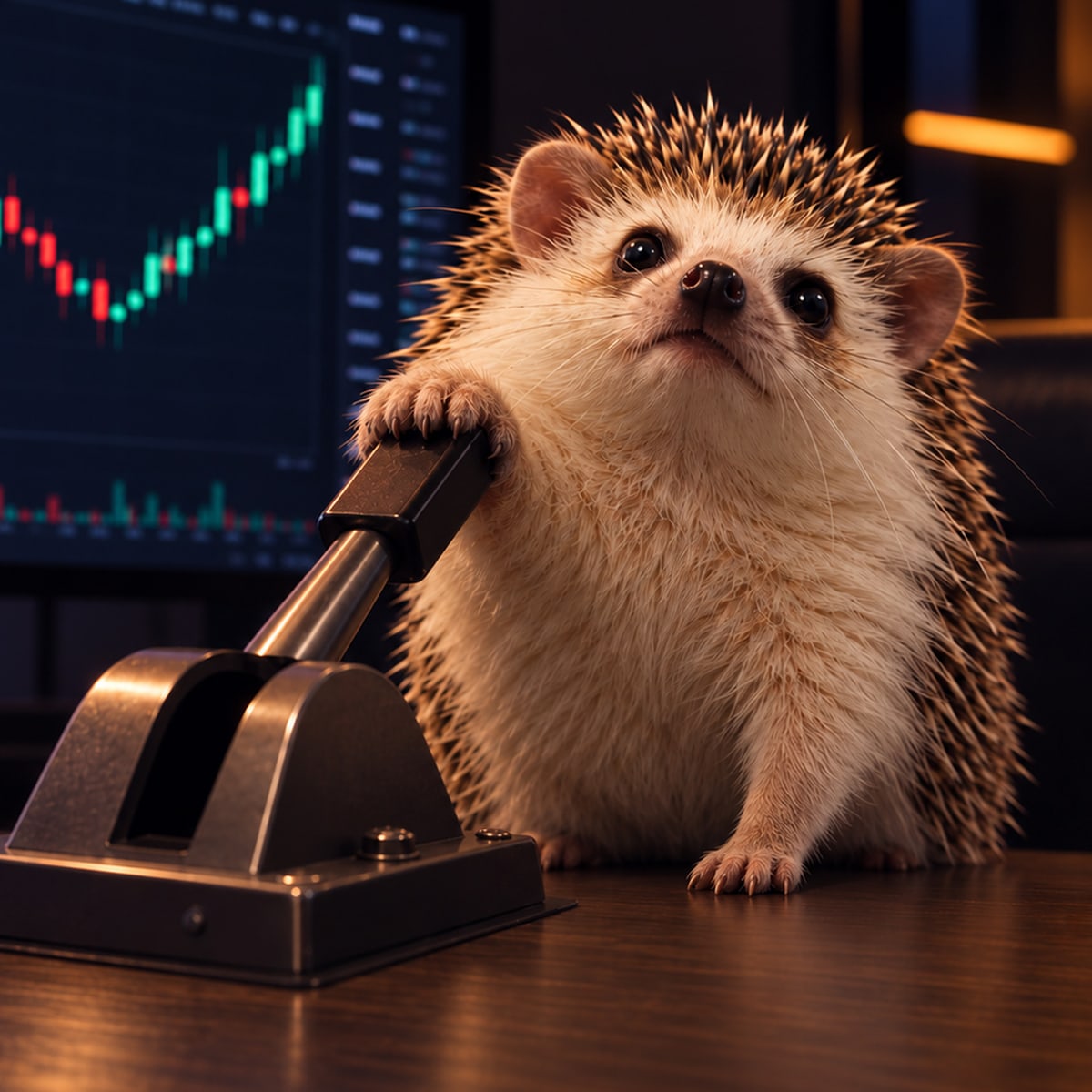 Leverhedge the hedgehog, paw on the lever